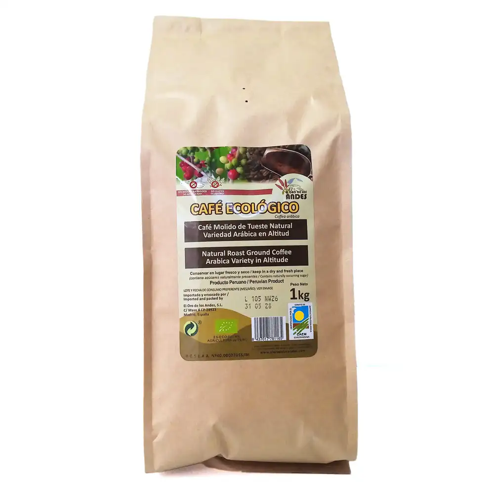 café ecológico de tueste natural tipo arábica de altitud molido 1kg