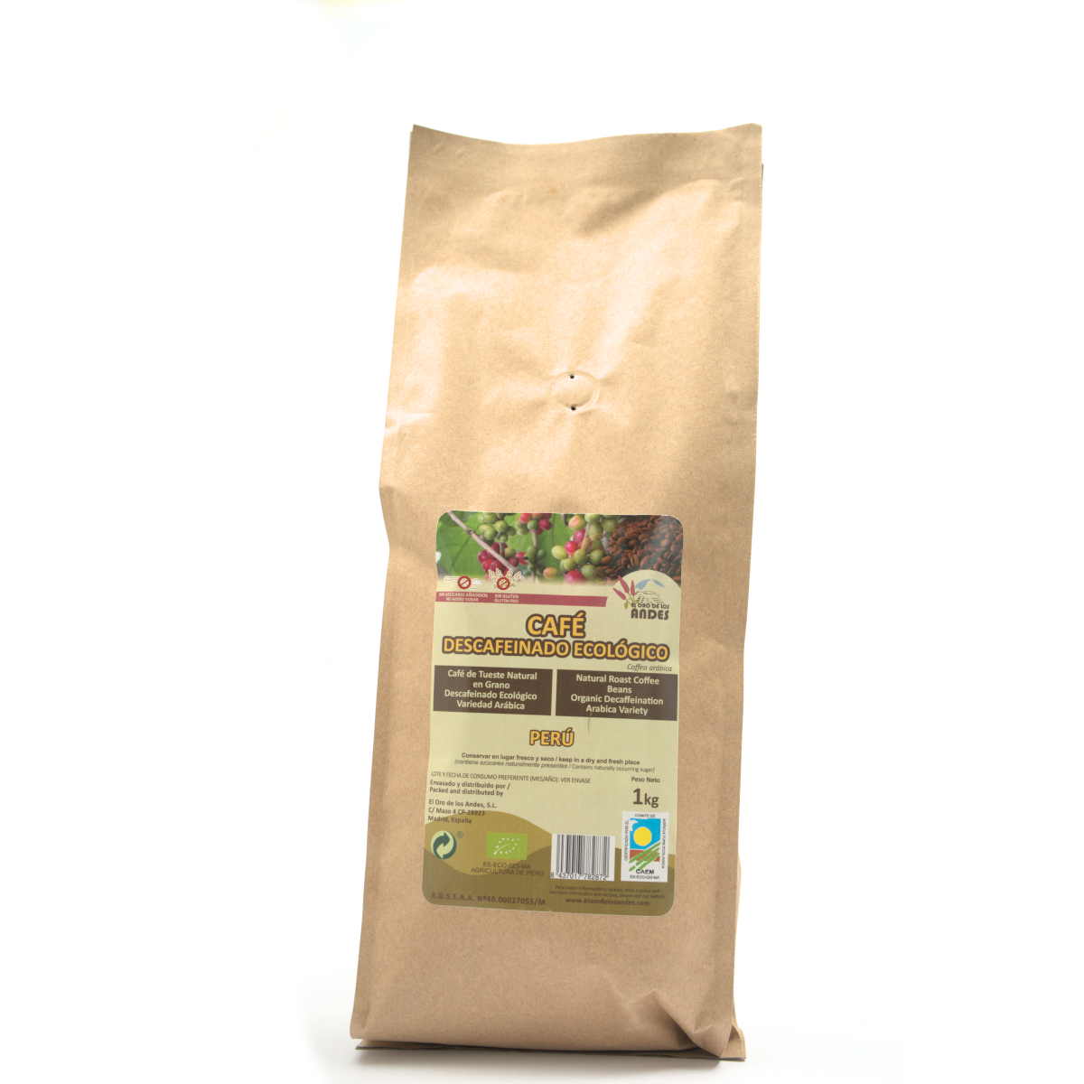 Cafe ecológico en grano descafeinado 1 kilo PERU