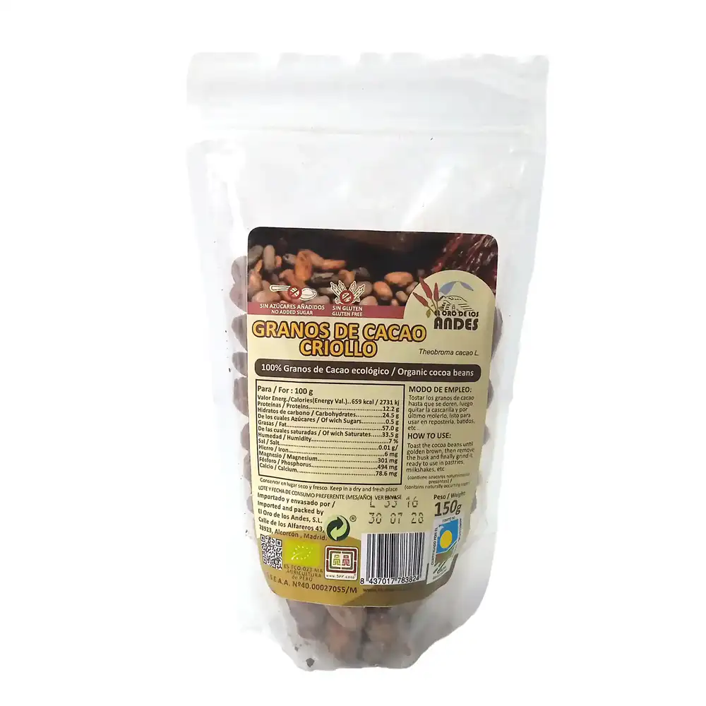 Cacao Criollo en grano presentación de 150 gramos
