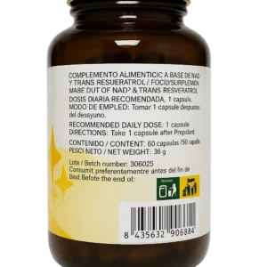 Complemento alimenticio NAD+ Trans-resveratrol en cápsulas, posterior