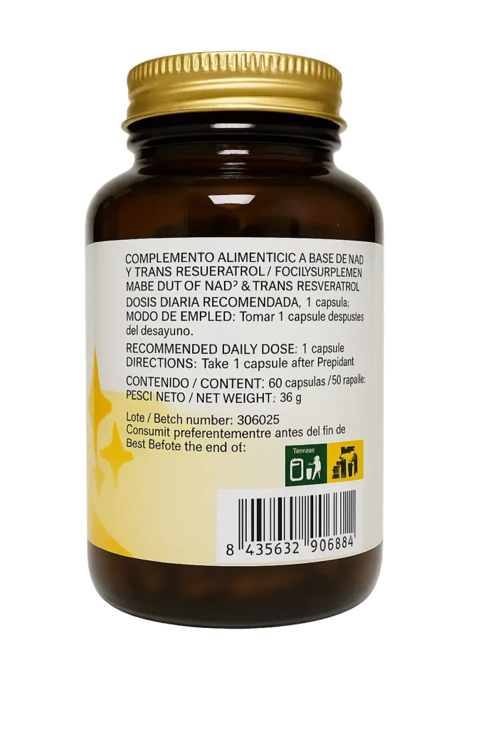 Complemento alimenticio NAD+ Trans-resveratrol en cápsulas, posterior